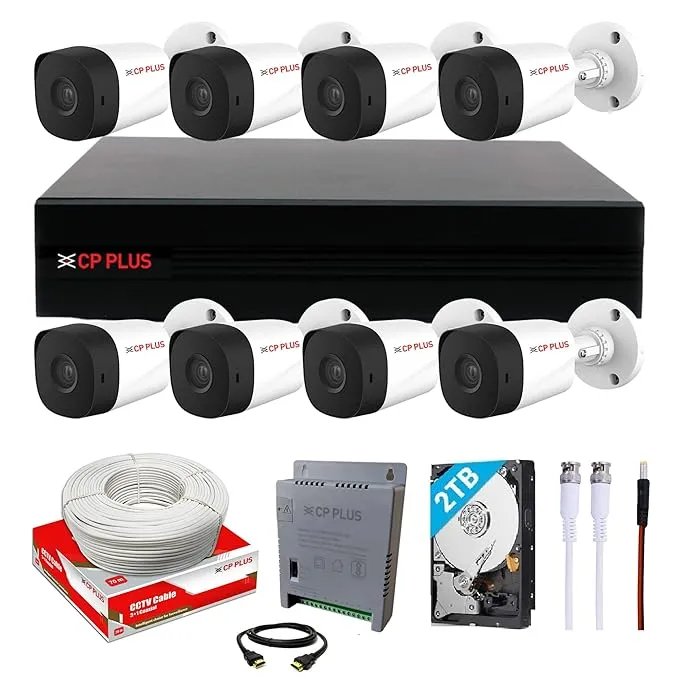 CP PLUS Full HD 8 Channel DVR with 2.4 MP 8 Outdoor Cameras [Built-in Audio MIC + Motion Detection] + 2 TB HDD + 8 Ch SMPS + CCTV Cable, USEWELL HDMI+BNC/DC Set, White